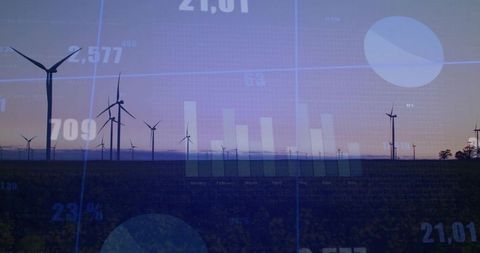 Wind turbine farm displaying translucent data overlays and energy analytics at twilight