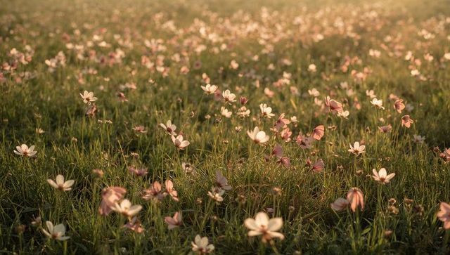 Golden-hour meadow of delicate pink wildflowers swaying in warm sunlight and dew