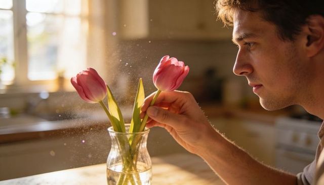 Young man arranging pink tulips in glass vase on sunlit kitchen table, warm morning light