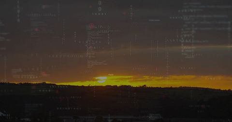 Sunset valley glowing with digital code overlay, silhouetted hills casting dusk mood