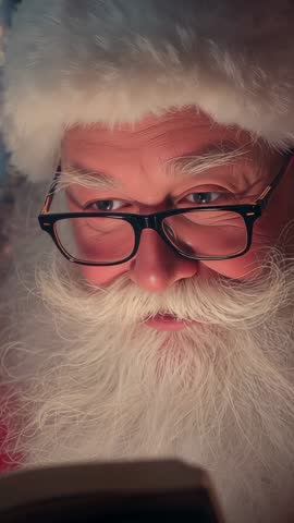 Santa Claus reading bedtime story from book closeup, pausing with glasses in warm light