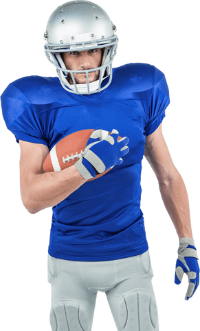 Confident american football player in transparent outfit with ball