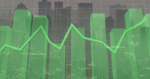 Financial growth chart overlay on urban cityscape