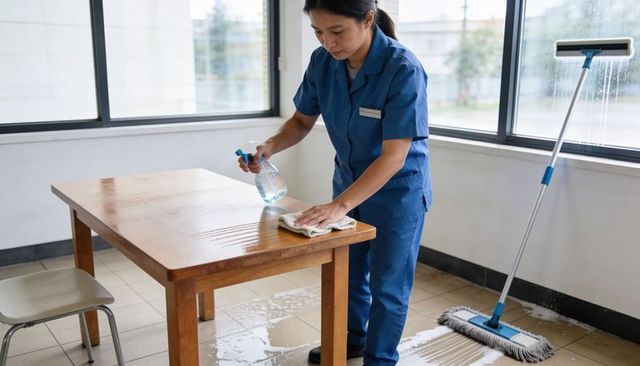 Female janitor cleaning wooden table with spray bottle and cloth in bright tiled room, mop nearby