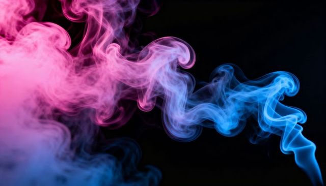 Swirling magenta and cyan smoke ribbons creating luminous abstract waves against black