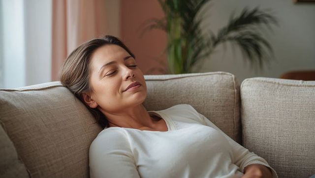 Woman resting on beige sofa enjoying peaceful relaxation at home, calm cozy interior