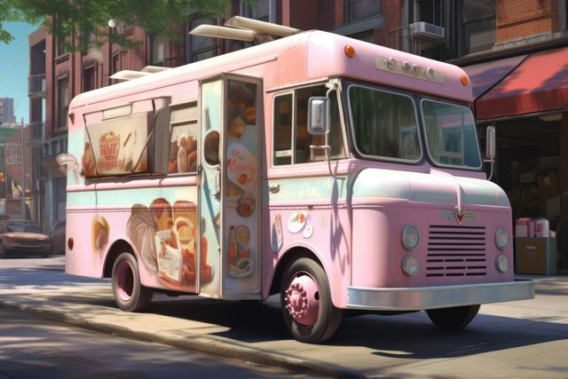 Pink retro ice cream truck parked on city street with buildings and storefronts in background. Ideal for themes involving nostalgic food experiences, urban life, street food, and vintage transportation.