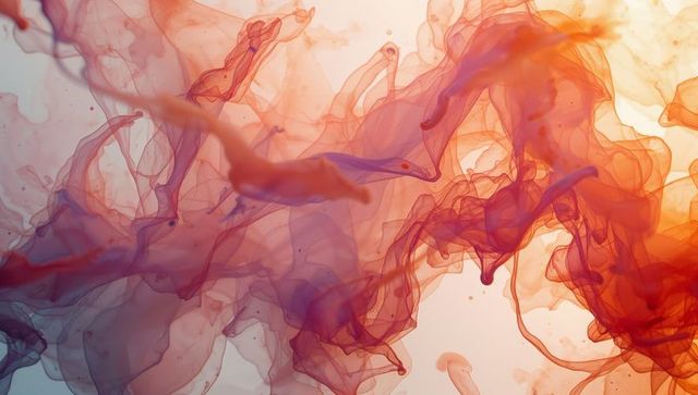 Swirling translucent dye plumes floating in backlit water with warm red-orange gradient