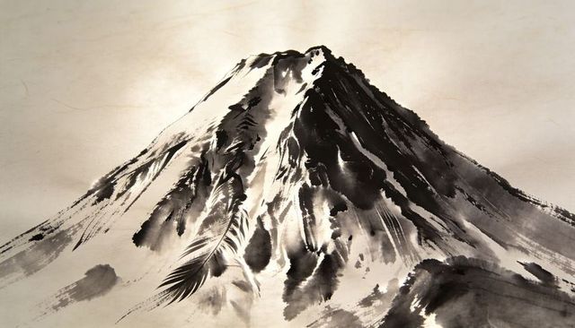 Sumi-e ink wash mountain peak on textured parchment, monochrome brushwork art