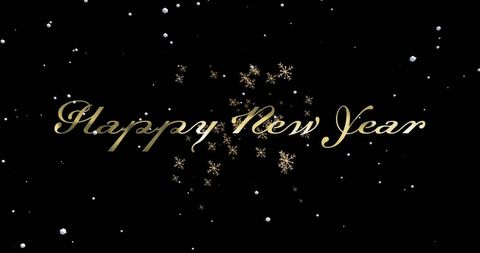 Elegant Happy New Year Text with Snowflakes on Black Background