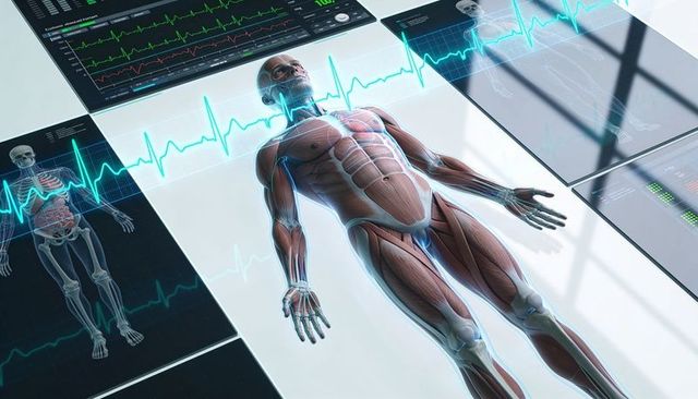 Futuristic medical display showing full-body male anatomical model with ecg overlay