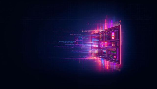 Streaming neon hud dashboard sending code streams across futuristic virtual grid interface