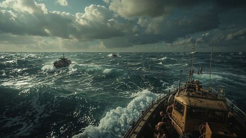 Patrol boat navigating choppy seas under dramatic sky