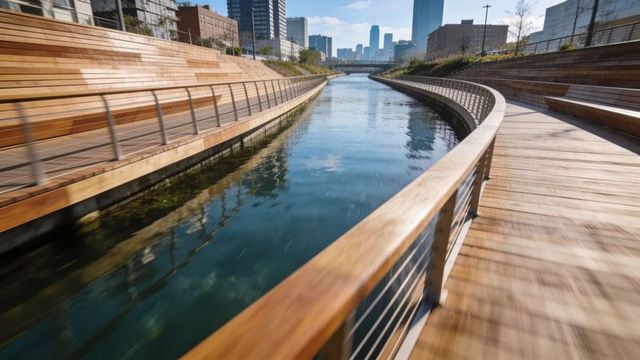 Urban canal promenade leading toward skyline with wooden railing and water reflections