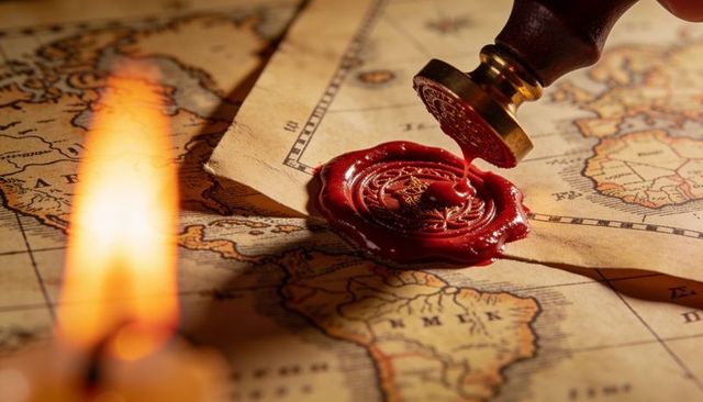 Pressing red wax seal onto antique map by candlelight