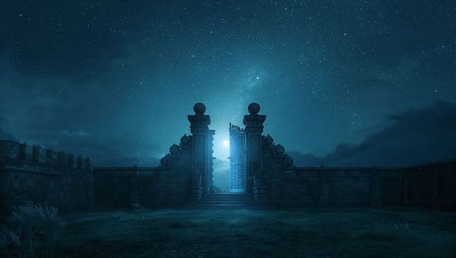 Mystical Ornate Gate under Starry Night Sky