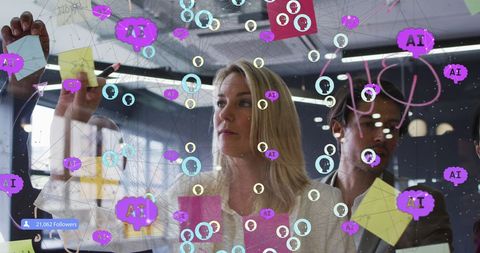 Diverse professionals planning with ai integration on glass wall