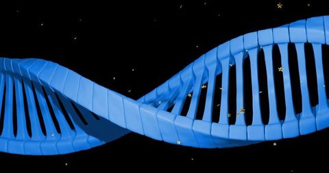 Cerulean DNA Double Helix Ribbon Twisting with Gold Star Particles on Black Backdrop