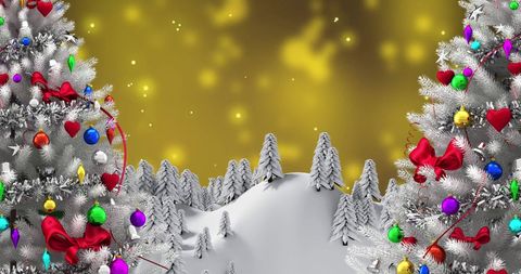 Festive Christmas Trees with Glowing Yellow Background