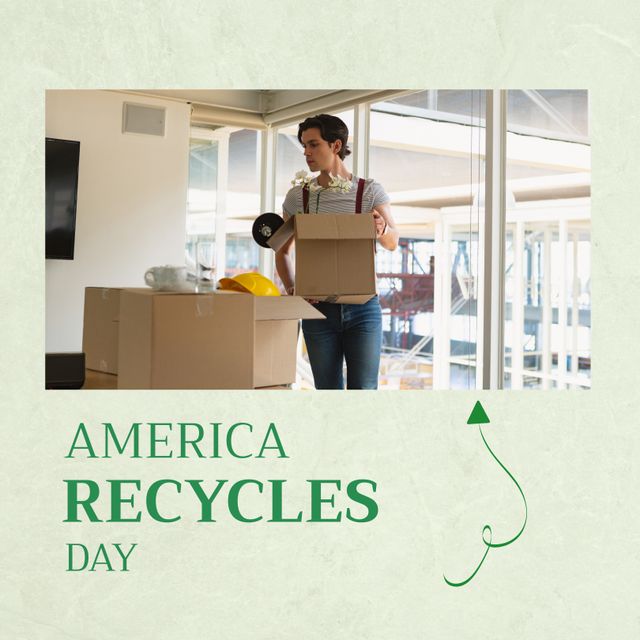 Young man carrying cardboard boxes in a modern home setting, emphasizing environmental awareness and sustainability on America Recycles Day. Perfect for campaigns promoting recycling, eco-friendly practices, and environmental consciousness.