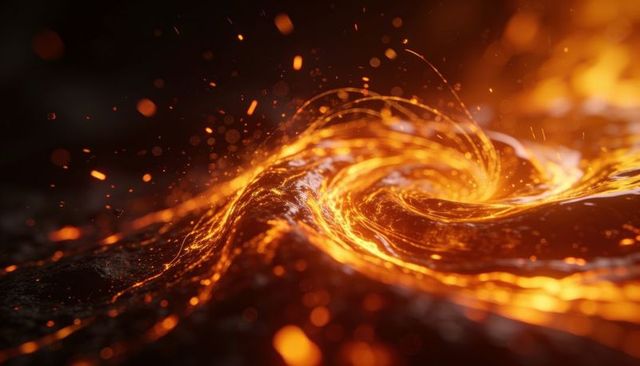 Molten vortex spiraling across charred surface with glowing filaments and ember sparks