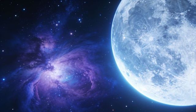 Cratered moon close-up with luminous blue surface and swirling purple nebula over starfield