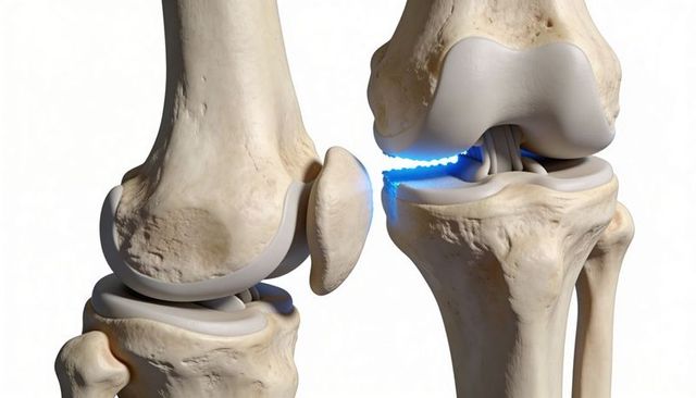 Dual knee joint anatomy displaying cartilage, menisci and ligaments with highlighted gap