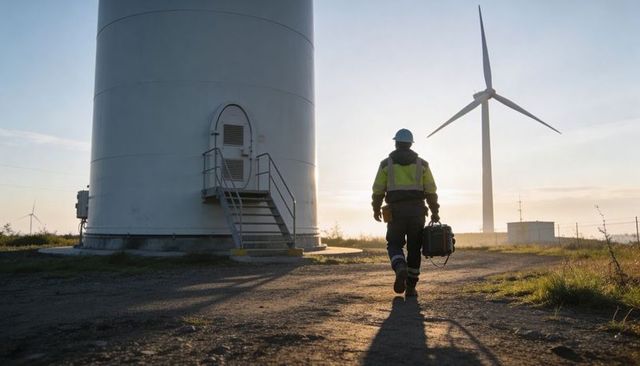 Wind technician walking to turbine at sunrise carrying equipment case on wind farm