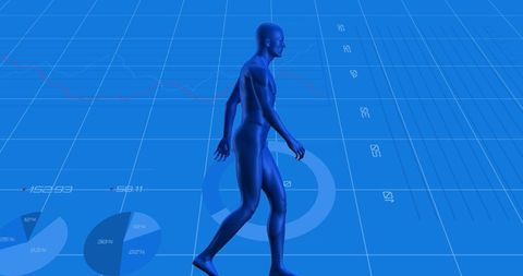 Digital Human Silhouette Walking Against Data Background