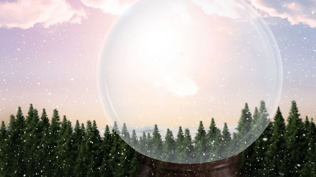 Illustration of enchanting snow globe depicting serene winter forest scene with snow gently falling over lush pine trees and warm sunset hues. Ideal for holiday decorations, greeting cards, winter celebration promotions, Christmas-themed banners, or cozy seasonal content. Conveys feelings of tranquility, magic and festive spirit.