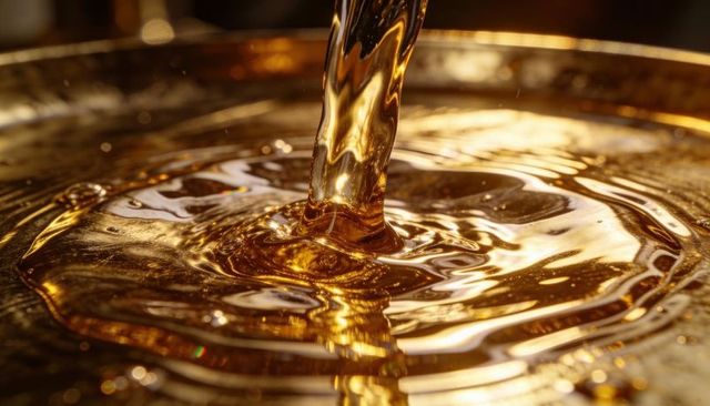 Golden syrup pouring creating viscous ripples and warm reflections