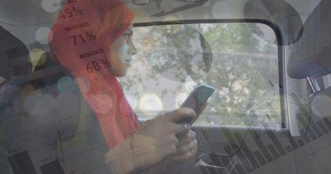 Hijab Woman in Car Using Smartphone with Digital Data Overlay