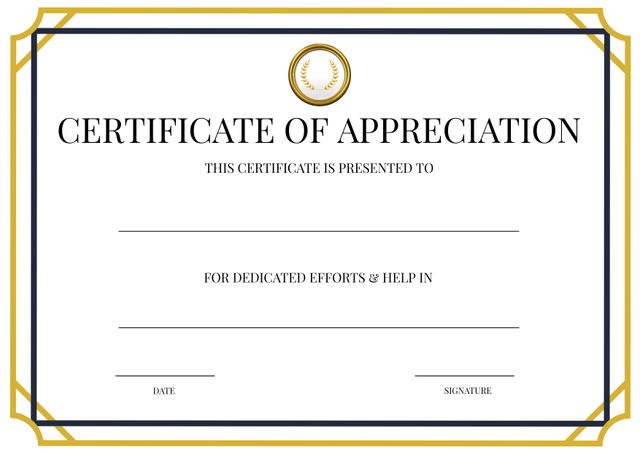 Elegant Certificate of Appreciation Template with Gold and Black Border - Download Free Stock Templates Pikwizard.com