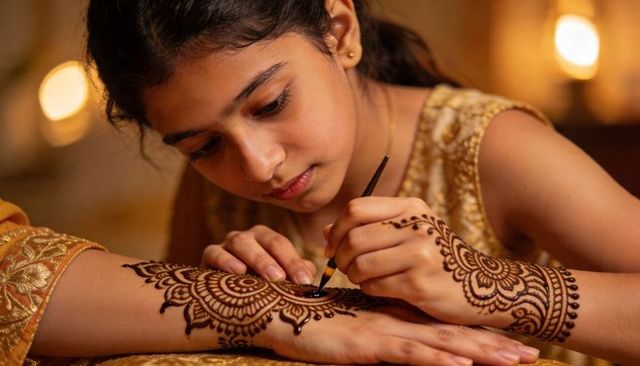 Young woman applying intricate henna mehndi design on arm during festive celebration
