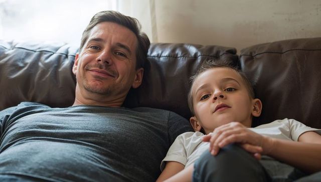 Father and Son Relaxing on Leather Sofa Sharing Quiet Bonding Moment, Natural Light, Cozy Home