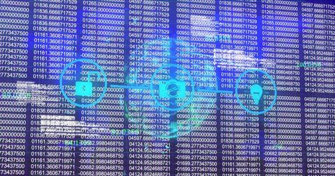 Cybersecurity dashboard with data stream and security icons