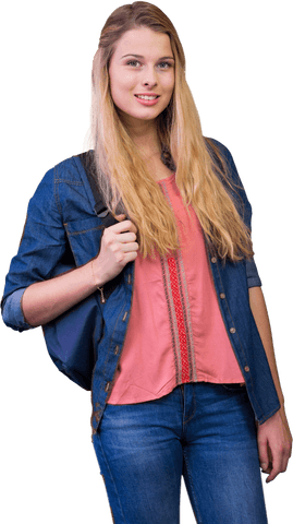 Smiling Young Woman with Backpack on Transparent Background