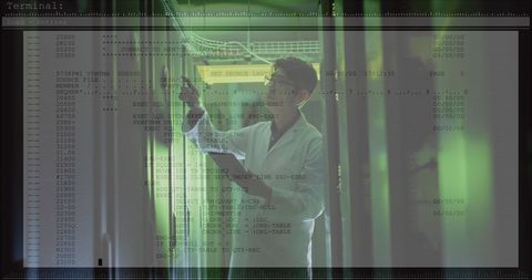 Data Expert Analyzing Servers with Digital Interface Overlay - Download Free Stock Images Pikwizard.com