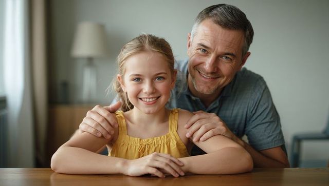 Father embracing smiling daughter at dining table sunlit home interior family moment