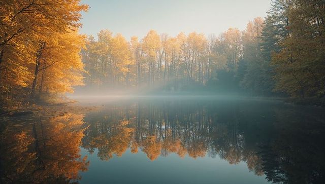 Serene Autumn Forest Reflects on Misty Lake at Dawn
