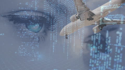 Airplane Traveling Through Digital Data and Female Eye