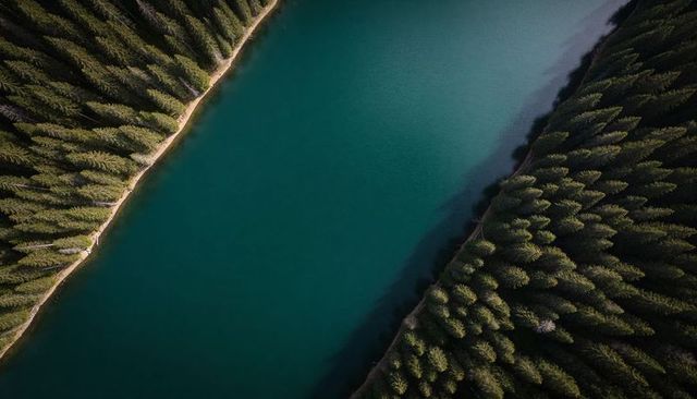 Diagonal teal lake cutting through dense evergreen forest canopy, aerial drone perspective