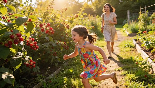 Girl running through raspberry bushes at golden hour with mother chasing joyfully