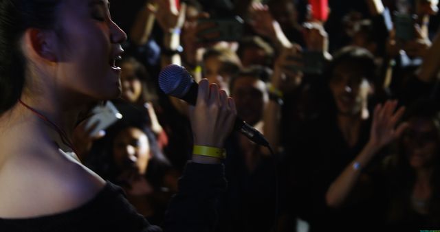Singer holding microphone and performing to enthusiastic crowd. Ideal for use in articles about live music events, concert experiences, or themed website banners and promotional materials for music events. The image captures the energy of a live performance and the interaction between the artist and the audience.