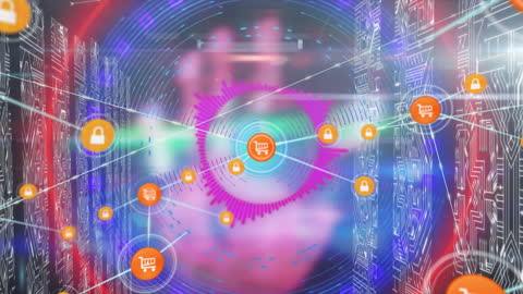 Digital Network with Shopping Cart Icons Indicating Online Shopping