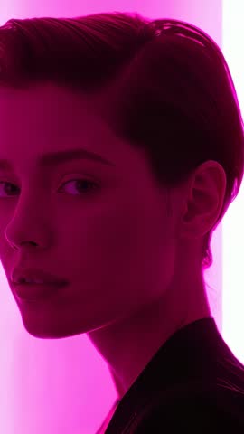 Vertical Fashion Video: Model Turning Head in Blazer with Pink LED Studio Lighting
