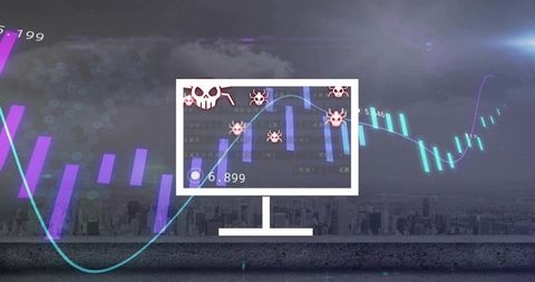 Futuristic cybersecurity attack on financial charts with neon candlesticks and skull icons