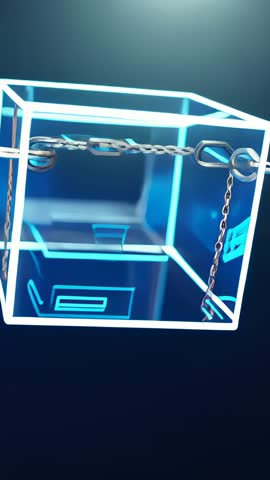 Approaching Chain Link Sliding Through Ring Into Neon Cube Revealing Inner Core Loop Cyber