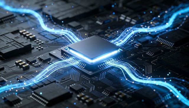 Central microchip emitting neon blue data streams across futuristic circuit board