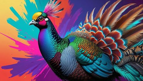 Vibrant pheasant-like bird animal with multicolored plumage in digital art